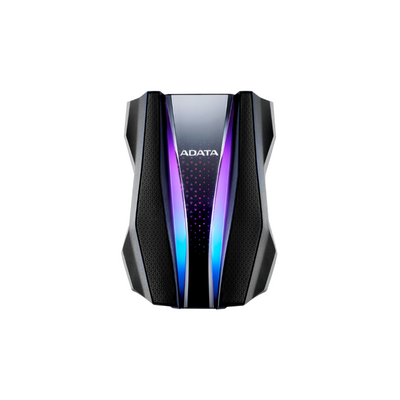 Disco duro externo Adata 2TB, 2.5", USB 3.2, negro, con RGB, textura de plastico y silicona antigolpes.