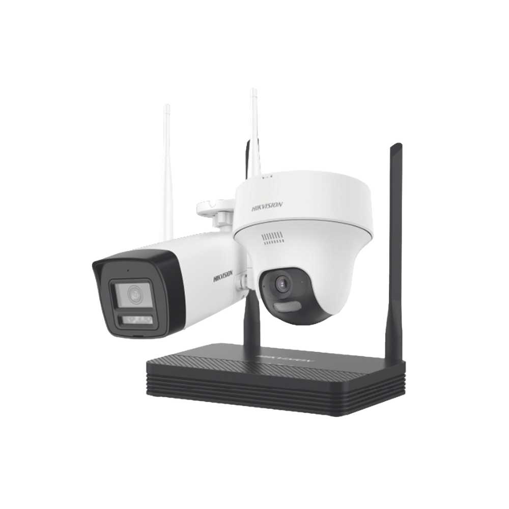 Kit IP Inalambrico 2MP NVS 4CH - 1 Camara Bala Exterior + 1 Turret Interior - Audio Bidireccional - Soporta MicroSD 512GB
