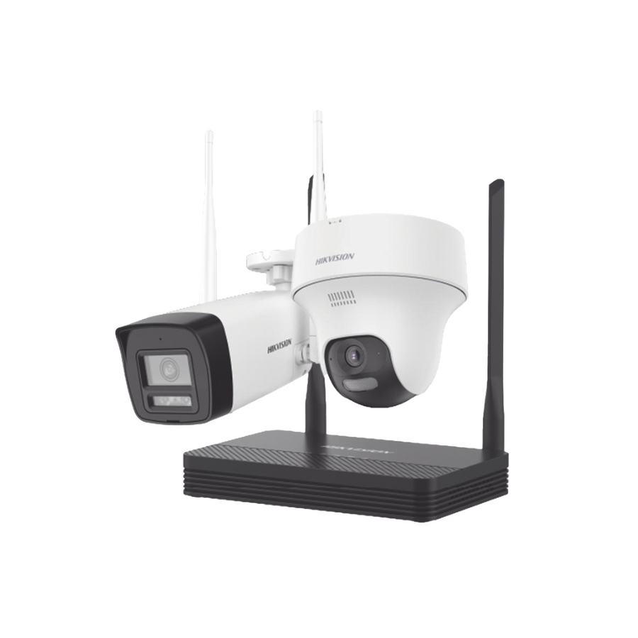 Kit IP Inalambrico 2MP NVS 4CH - 1 Camara Bala Exterior + 1 Turret Interior - Audio Bidireccional - Soporta MicroSD 512GB