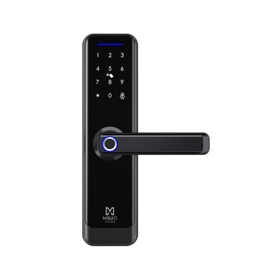 Cerradura electronica inteligente Mirati, interior y exterior, huella digital, llave fisica, tarjeta RF, control de acceso.