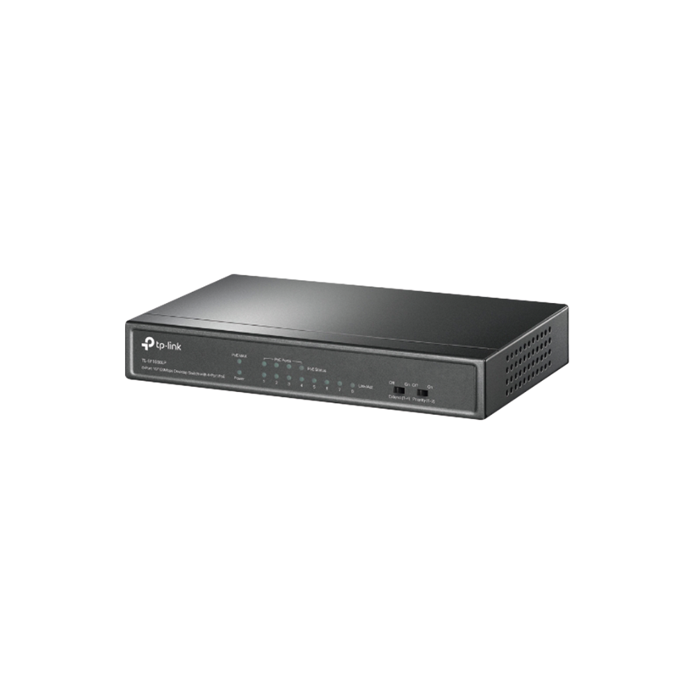 Switch PoE No Administrable 8 Puertos 10/100Mbps, 4 PoE af, Extensor PoE hasta 250m, 41W, Calidad Video Prioritaria