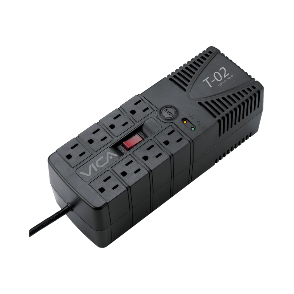 Regulador Electronico Vica T-02, 1200VA, 700W, 8 Tomas