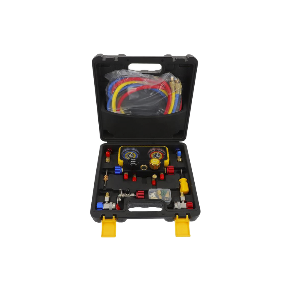Manómetro 4 Vías con Accesorios para Gas Refrigerante R410A R32 R134A R22