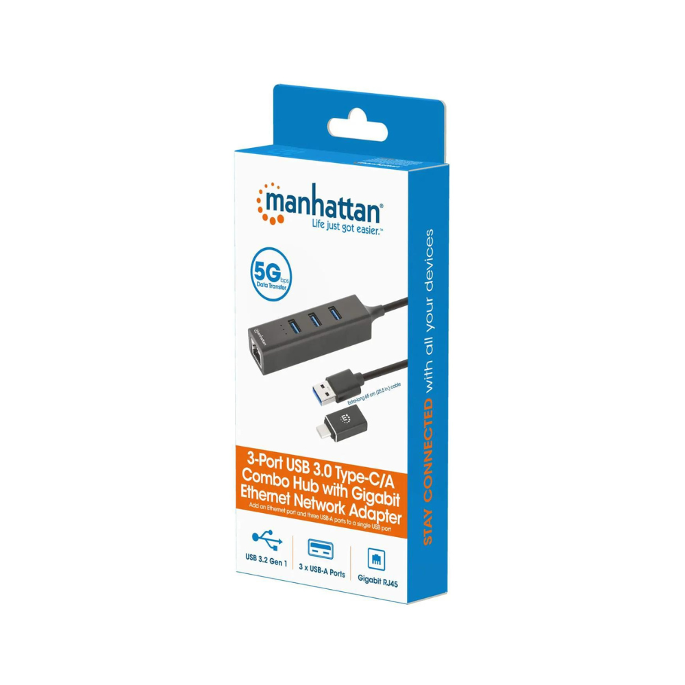 Adaptador de Red GB USB A/C + Hub 3 Puertos V3.0 Manhattan (180894)