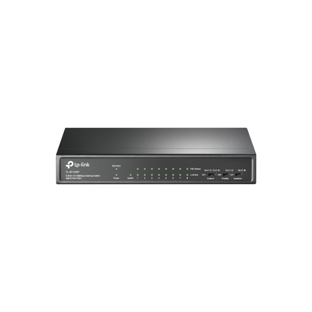 Switch PoE+ No Administrable 9 Puertos 10/100Mbps, 8 PoE af/at, PoE 65W, Extensor PoE hasta 250m