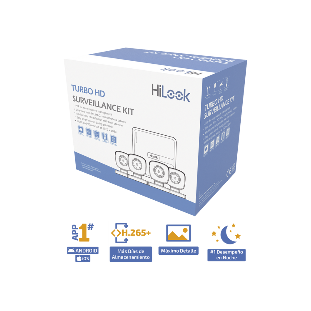 Kit TurboHD 720P - DVR 4 Canales, 4 Camaras Metal, 4 Cables 18m, H.265+, Fuente de Poder y Accesorios