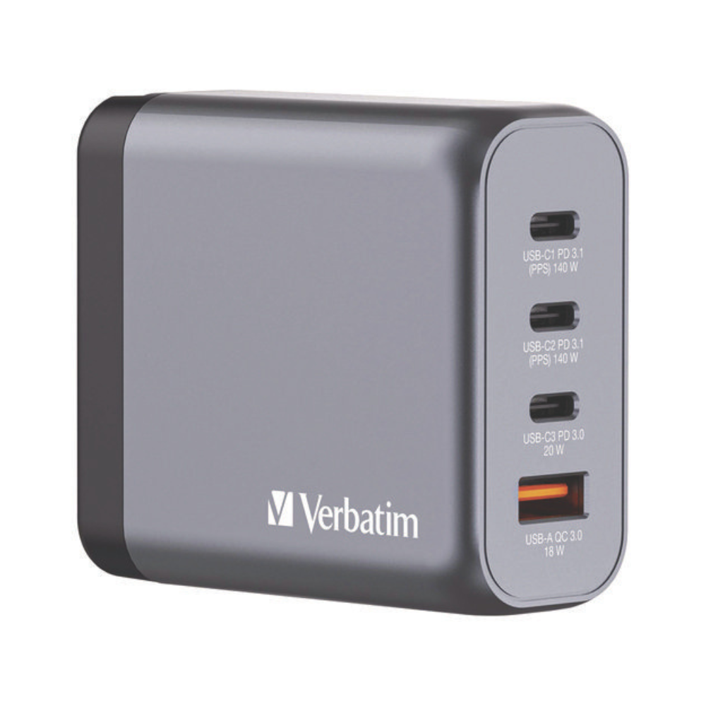 Cargador de Pared Verbatim GaN 140W, 2 Puertos USB-C PD 140W, 1 Puerto USB-C PD 20W, 1 Puerto USB-A QC 3.0