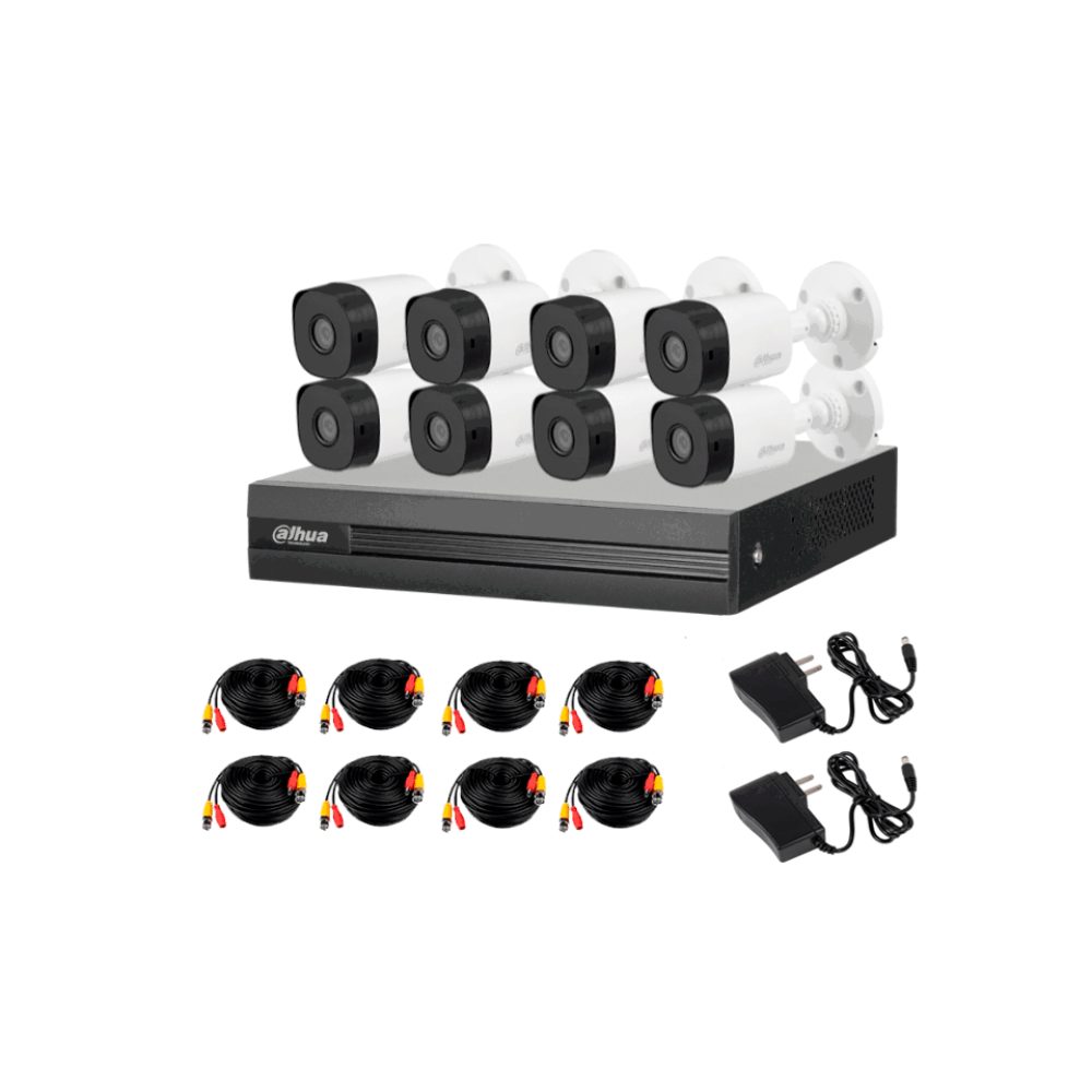 Kit Dahua 8 Canales, DVR Cooper-I WizSense IA, Cámaras B1A21 2MP 1080P, H.265+, Detección de Humanos y Vehículos, Accesorios Incluidos