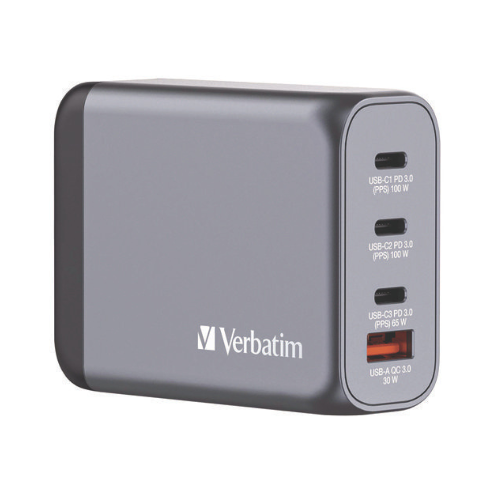 Cargador de Pared Verbatim GaN 100W, 2 Puertos USB-C PD 100W, 1 Puerto USB-C PD 65W, 1 Puerto USB-A QC 3.0