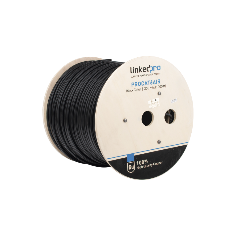 Bobina de Cable FTP con Mensajero de Acero 305m Cat6+ Calibre 23, Negro, Video Vigilancia, Redes de Datos, Uso Aereo e Intemperie