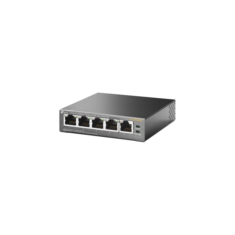 Switch PoE No Administrable 5 Puertos 10/100Mbps, 4 PoE af/at, PoE 67W, Extensor PoE hasta 250m, Calidad Video Prioritaria
