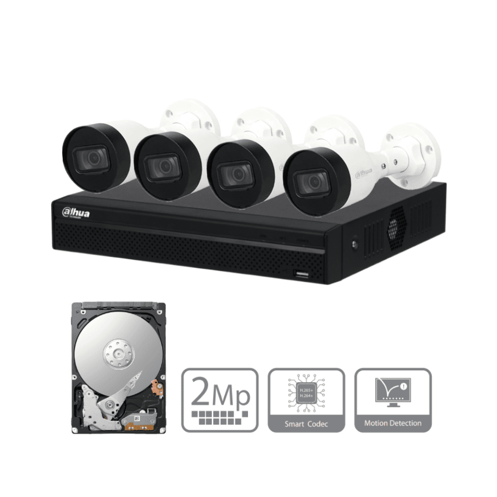 Kit Dahua NVR 4 canales PoE +4 cámaras bullet 2MP 1TB IP67