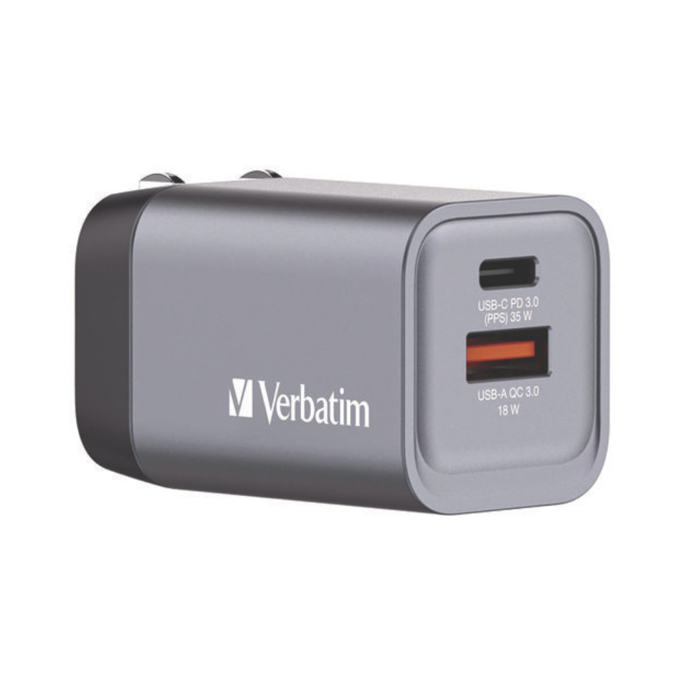 Cargador de Pared Verbatim GaN 35W, USB-C PD 35W + USB-A QC 3.0 (EU/UK/US)