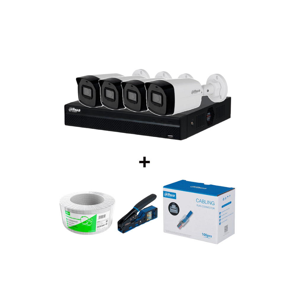 Bundle NVR+4BulletIP incluye NVR NVR1104HS-P-S3 4 canales +4 cámaras IPC-B1E20 bobina 100m caja 100 plugs pinza corte plugs sin HDD