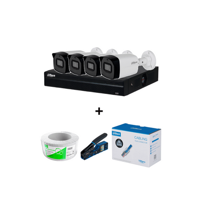 Bundle NVR+4BulletIP incluye NVR NVR1104HS-P-S3 4 canales +4 cámaras IPC-B1E20 bobina 100m caja 100 plugs pinza corte plugs sin HDD
