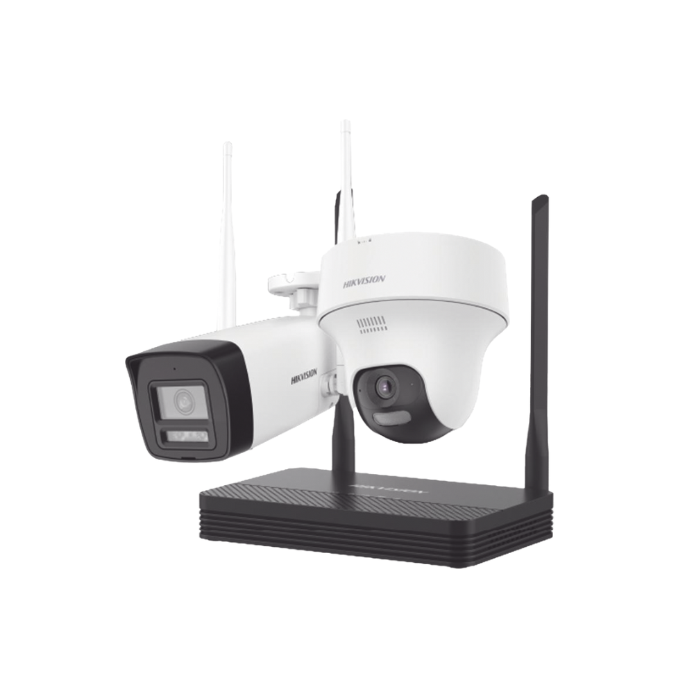 Kit IP Inalámbrico 4MP NVS 4CH 1 Cámara Bala Exterior + 1 Turret Interior Audio Bidireccional Soporta MicroSD 512GB