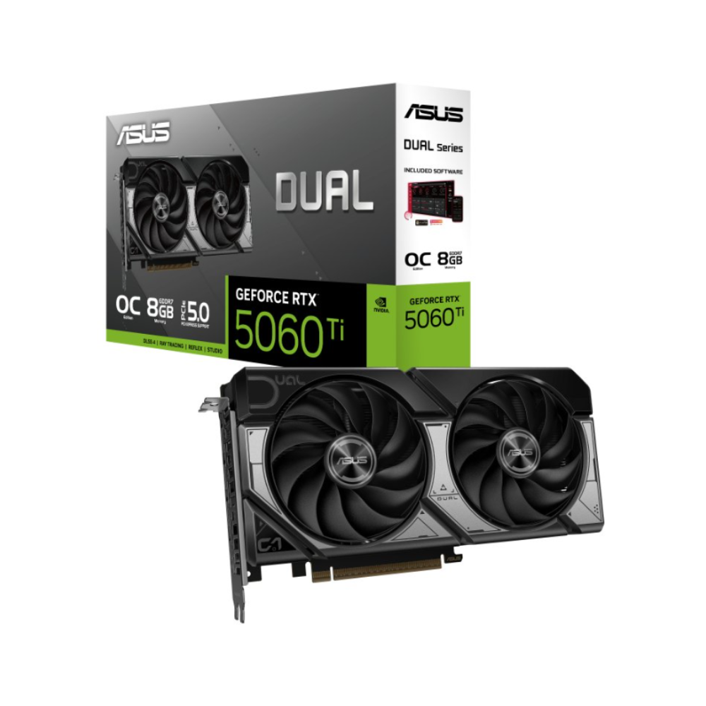 Tarjeta De Video ASUS 8GB GeForce RTX 5060 Ti DUAL OC — 2xFan / DDR7 / DLSS 4 / 1xHDMI / 3xDP — Modelo DUAL-RTX5060TI-O8G
