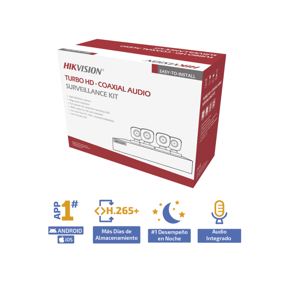 Kit TurboHD 5MP DVR 4 Canales con 4 Cámaras Bala 2.8mm con Micrófono Integrado, Fuente y Accesorios de Instalación