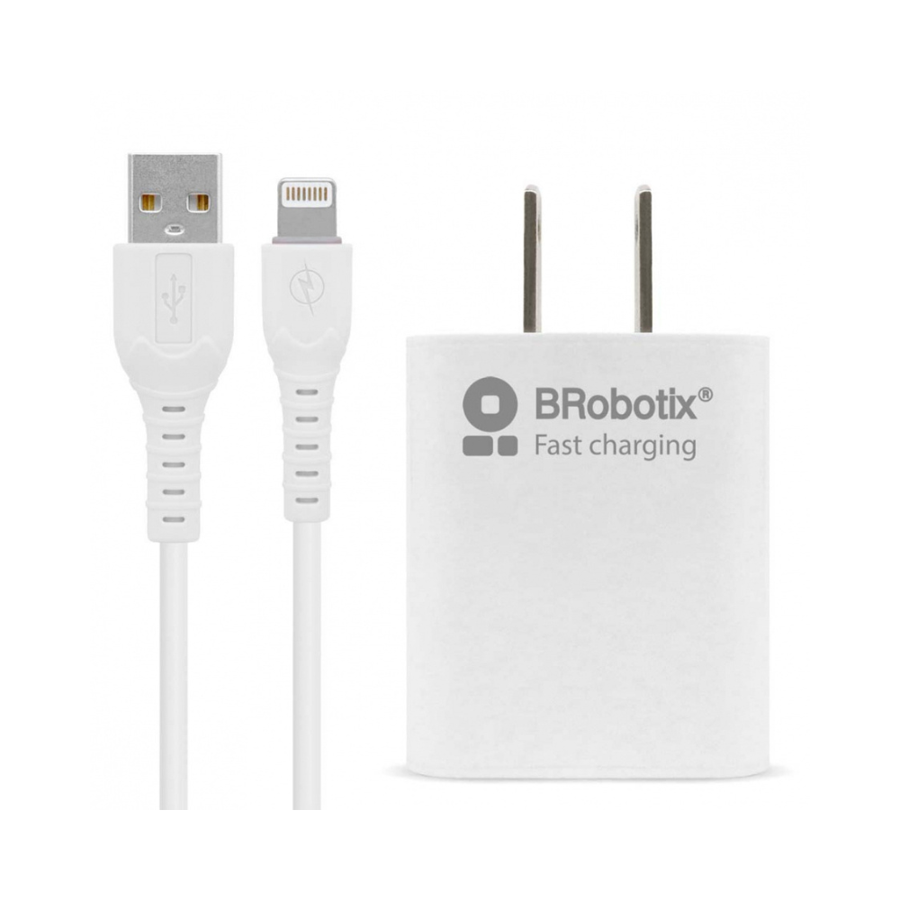 Cargador de pared Brobotix carga rapida 1x USB-A de 5Vcon cable Lighthing color Blanco