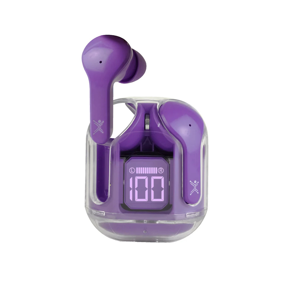 Audífonos Perfect Choice TWS Clearbeat Inalámbricos Estuche Transparente Bluetooth Morado