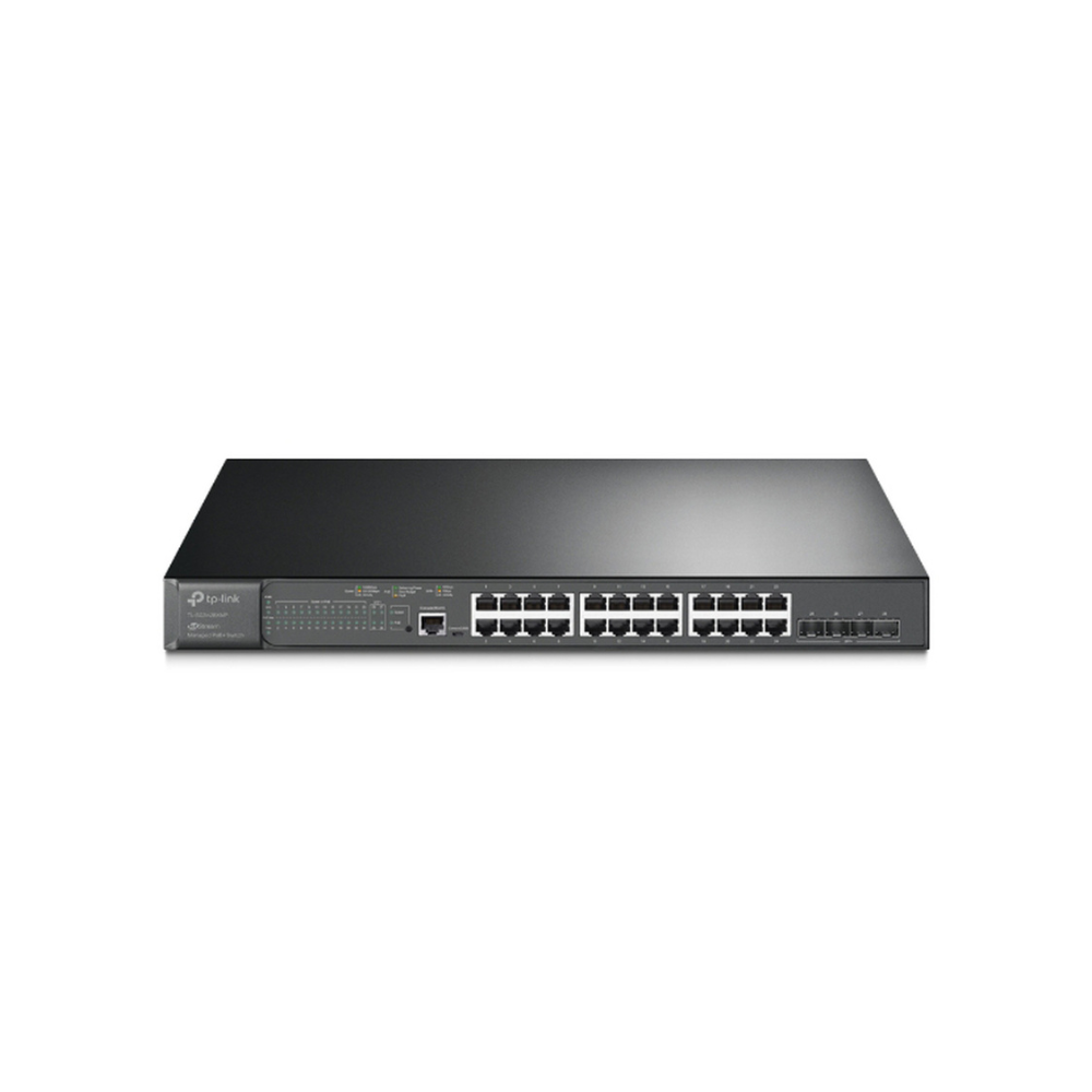 Switch L2+ Omada PoE+ 24 Puertos 10/100/1000Mbps, 4 Puertos SFP+ 10G, PoE 384W, Administracion Omada, Montaje en Rack