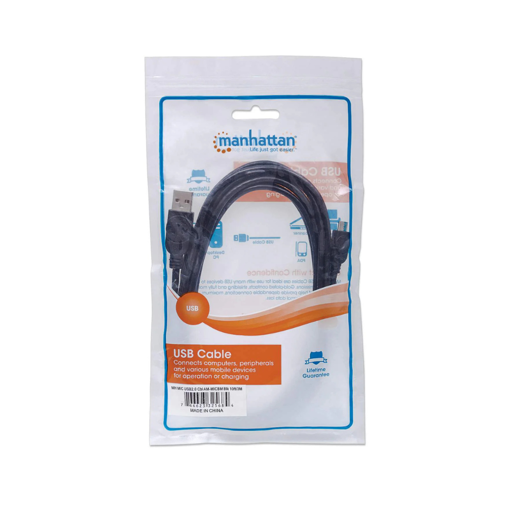 Cable USB 2.0 A - Micro B 3.0M Negro PVC Manhattan (325684)