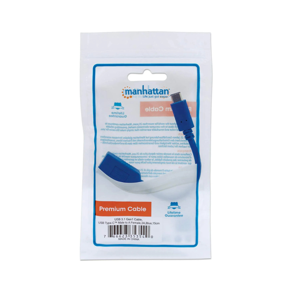 Cable USB-C Macho a Hembra 15cm Azul 3A Manhattan (353540)