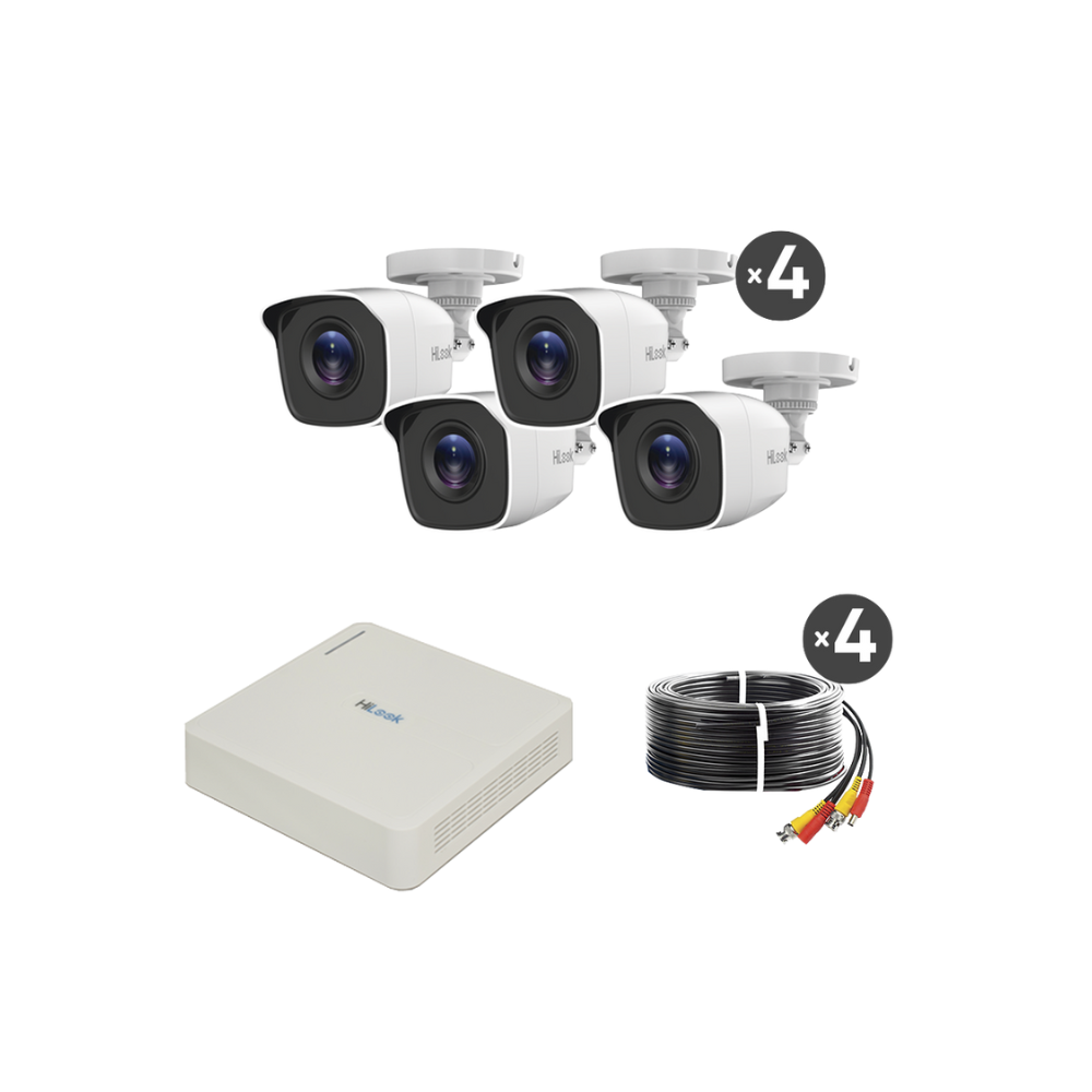 Kit TurboHD 720P: DVR 4 Canales, 4 Camaras Bala, 4 Cables de 18m, Fuente de Poder Profesional