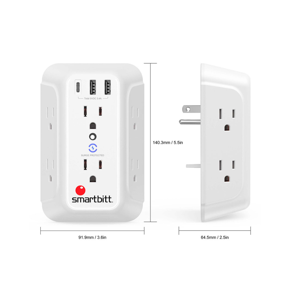 Supresor De Picos Smarbitt SBSS-BW6-3U, 1480J, 6 Contactos, Toma USB-A/USB-C