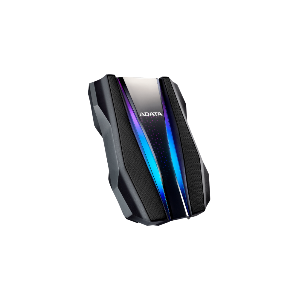 Disco duro externo Adata 2TB, 2.5", USB 3.2, negro, con RGB, textura de plastico y silicona antigolpes.