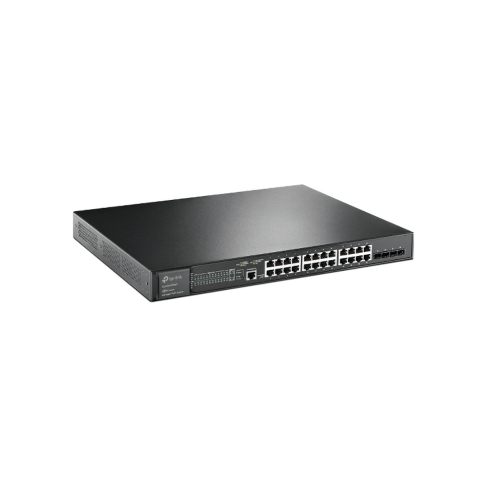 Switch L2+ Omada PoE+ 24 Puertos 10/100/1000Mbps, 4 Puertos SFP+ 10G, PoE 384W, Administracion Omada, Montaje en Rack