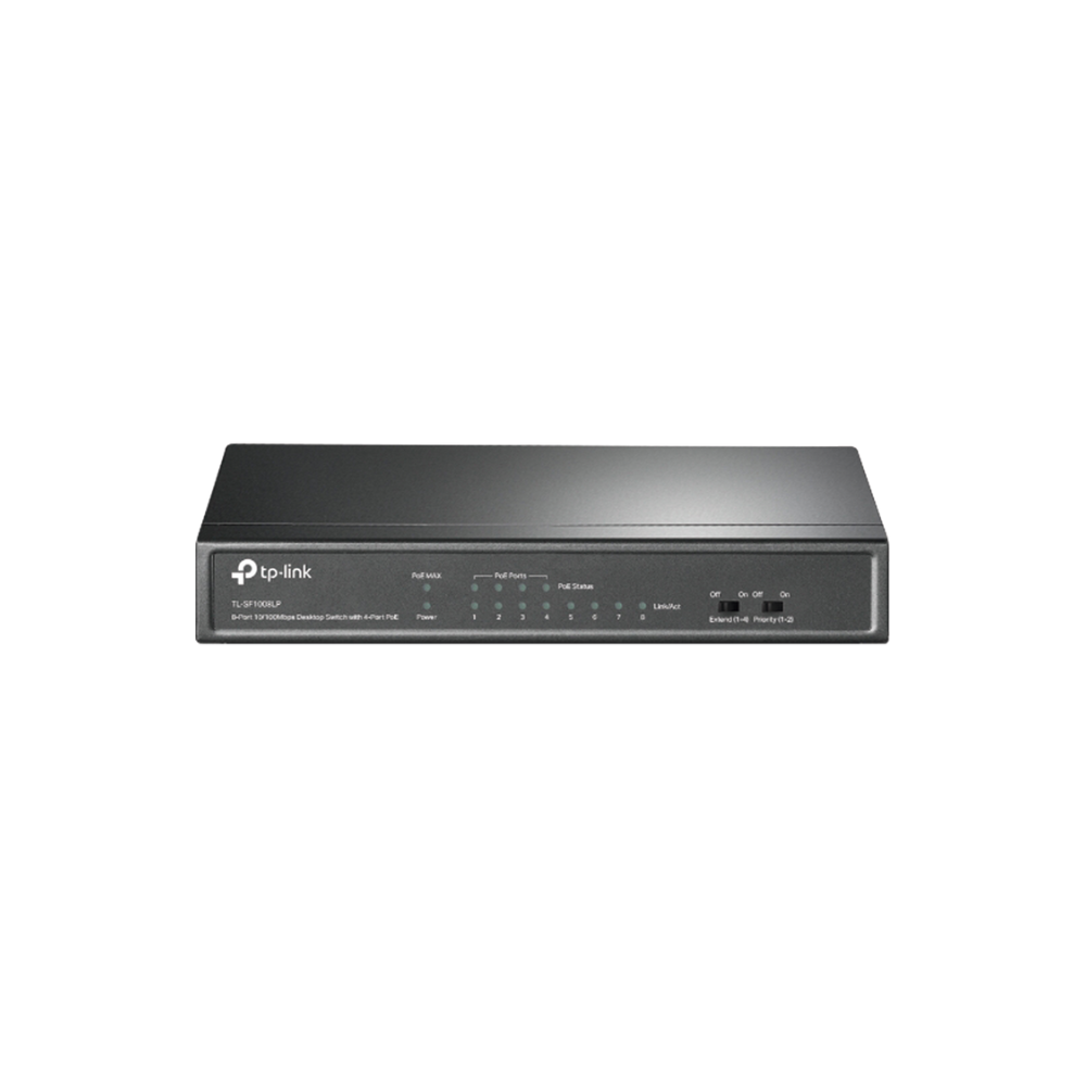 Switch PoE No Administrable 8 Puertos 10/100Mbps, 4 PoE af, Extensor PoE hasta 250m, 41W, Calidad Video Prioritaria