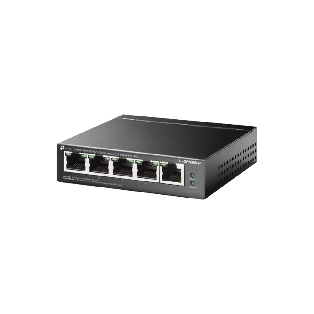Switch PoE No Administrable de Escritorio 5 Puertos 10/100Mbps + 4 PoE af, Presupuesto 41W, Extensor PoE hasta 250m
