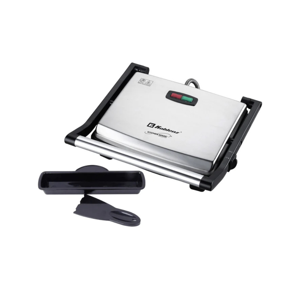 Panini Grill Koblenz PGKM-1500 I, 4 rebanadas, termostato automático, asas de tacto frío, bandeja colectora y espátula, 1500W