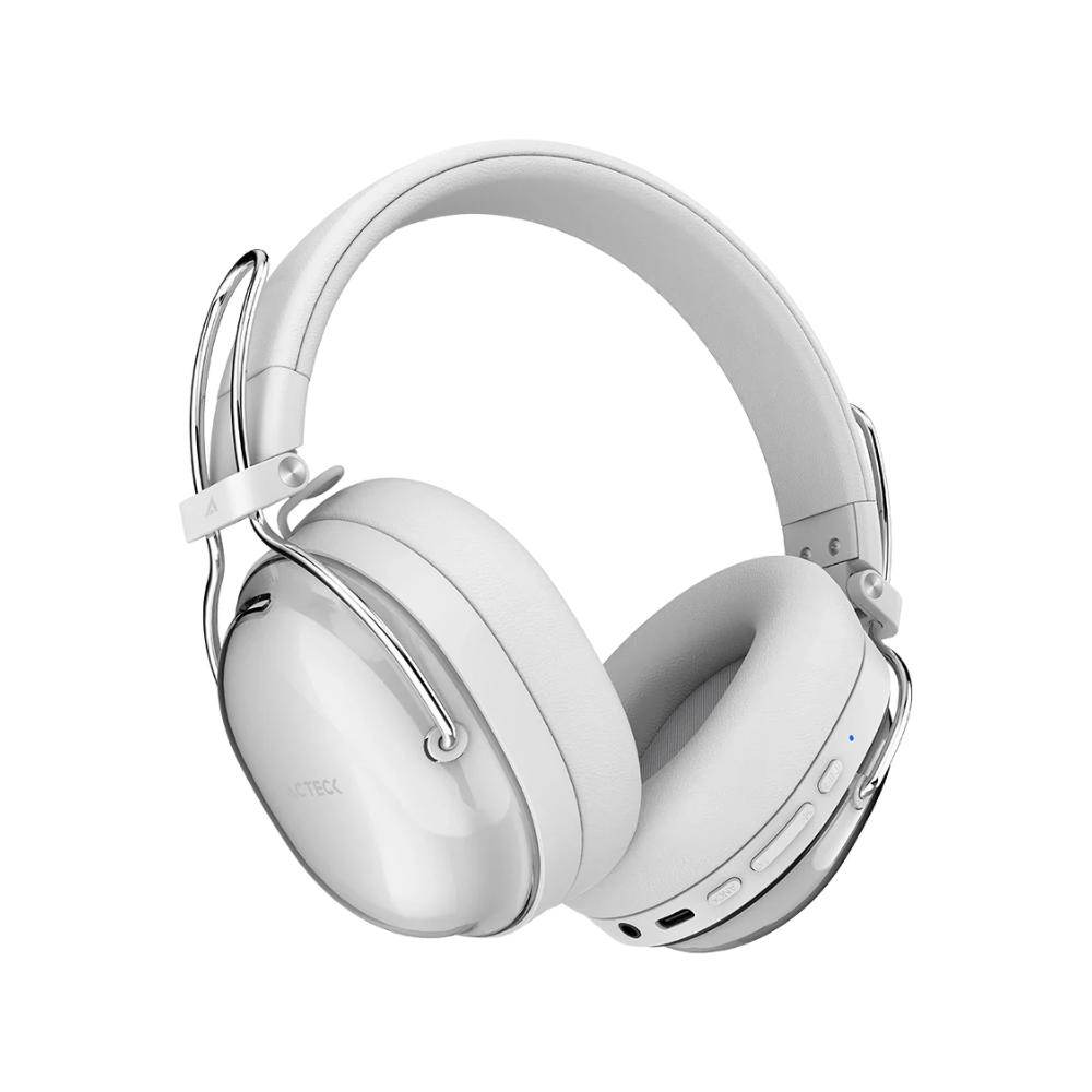 Audi­fonos Inalambricos Acteck Over Ear Luxe Pure HP730 Blanco Bluetooth 5.4 Cancelacion de ruido Hibrido Microfono Omnidireccional