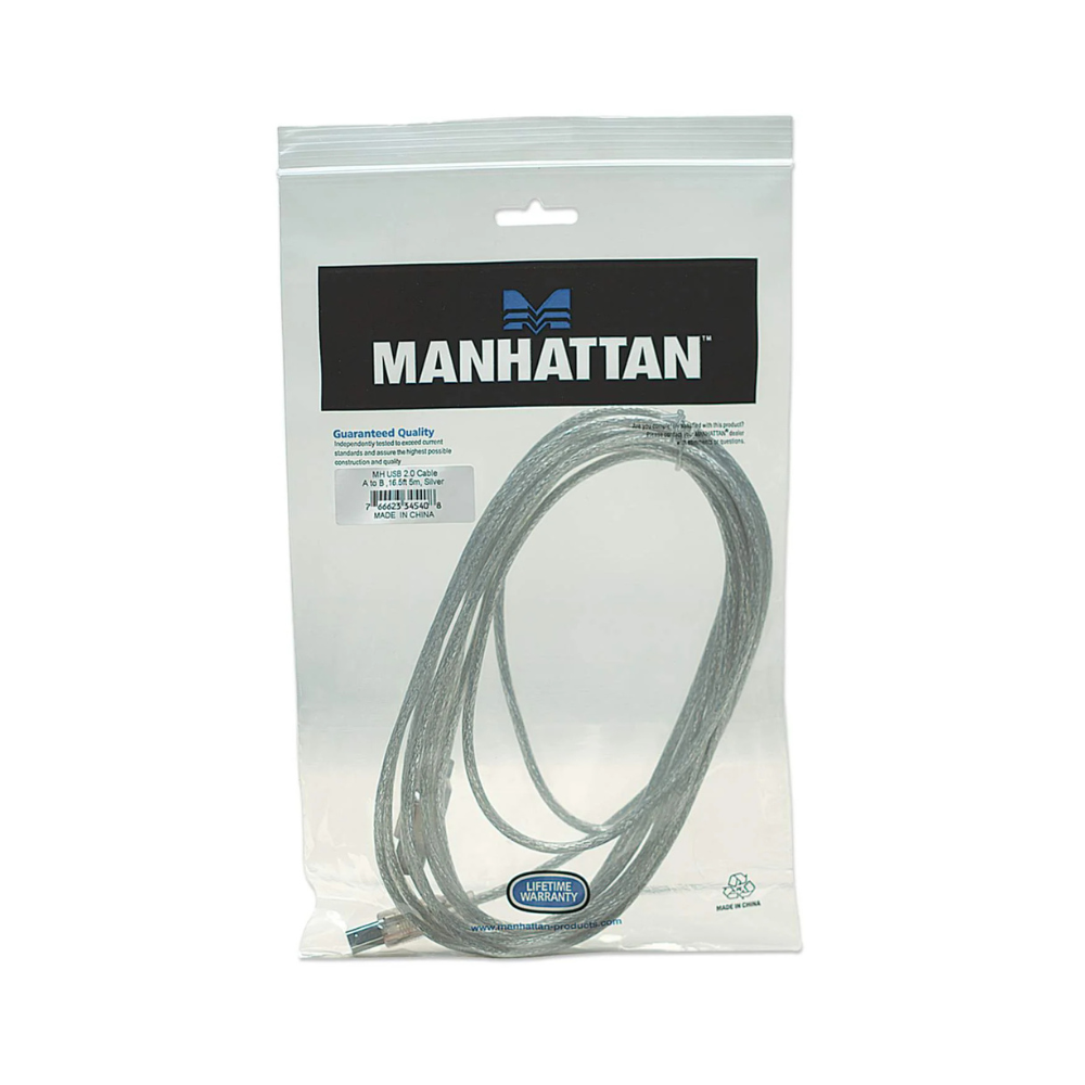 Cable USB V2.0 A-B 5.0M Plata Manhattan (345408)