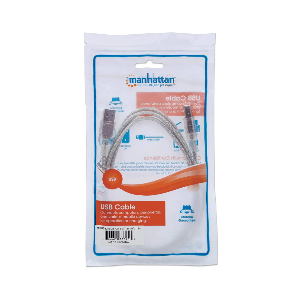 Cable USB 2.0 A-B 1.8M Manhattan Plata (333405)