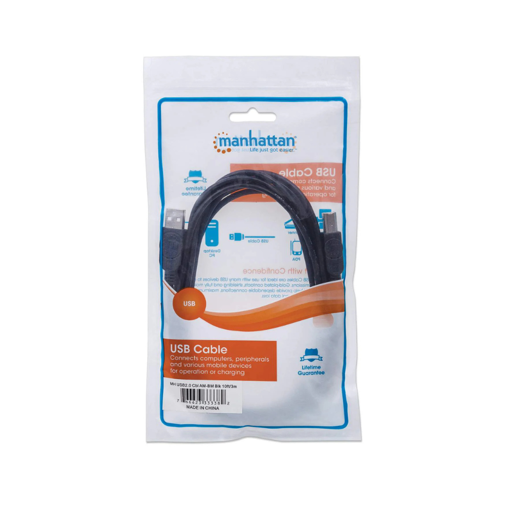 Cable USB V2.0 A-B 3.0M Negro Manhattan (333382)
