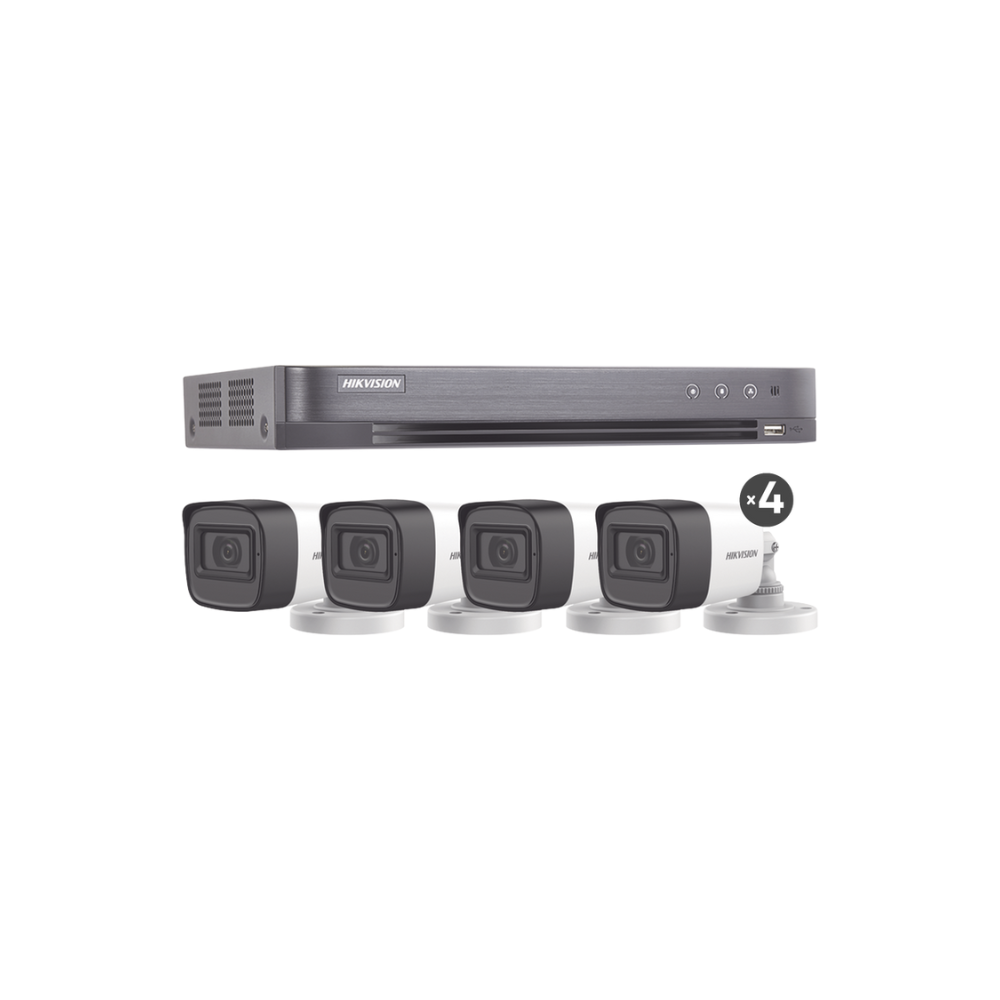 Kit TurboHD 5MP DVR 4 Canales con 4 Cámaras Bala 2.8mm con Micrófono Integrado, Fuente y Accesorios de Instalación