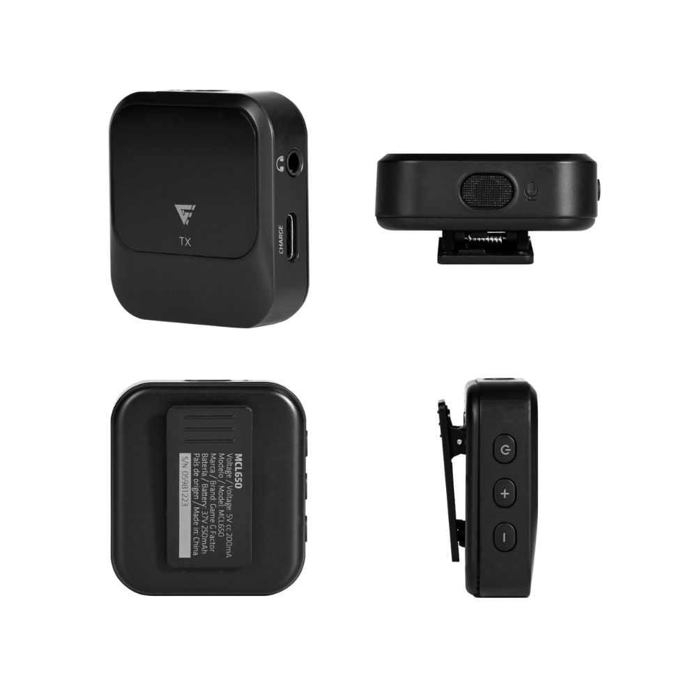 Kit de 2 Micrófonos Lavalier Game Factor - USB, 2.4GHz, Cancelación de Ruido, Negro (MCL650)