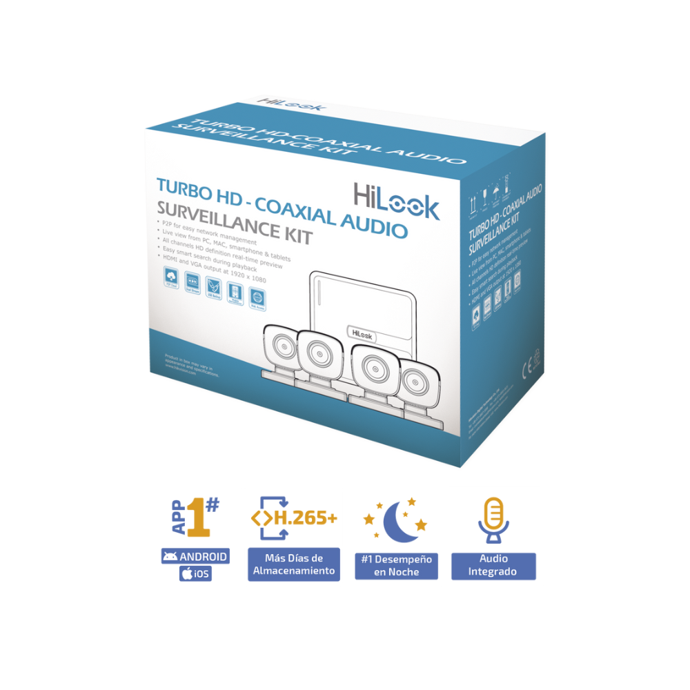 Kit TurboHD 1080p Lite con DVR de 4 canales, Audio por Coaxitron, 4 Cámaras Bala de Policarbonato con Micrófono Integrado