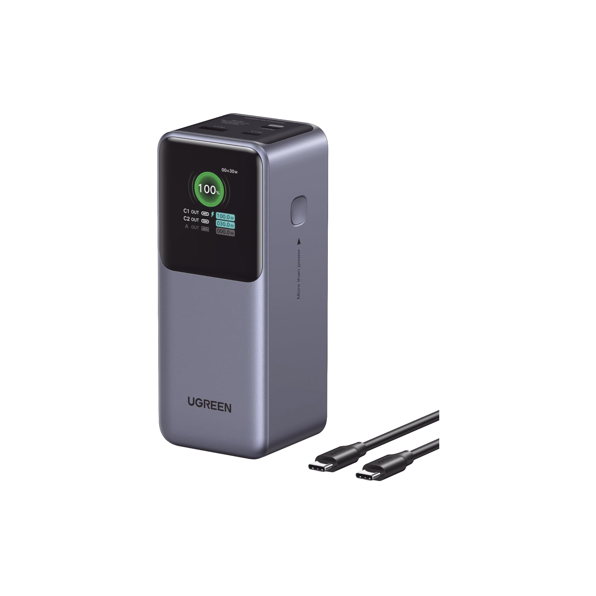 Power Bank 20000mAh 3 Salidas 130W USB A 2 USB C PD 3.0 QC3.0 FCP SCP Pantalla Inteligente Ignífugo Gris Cable 50cm