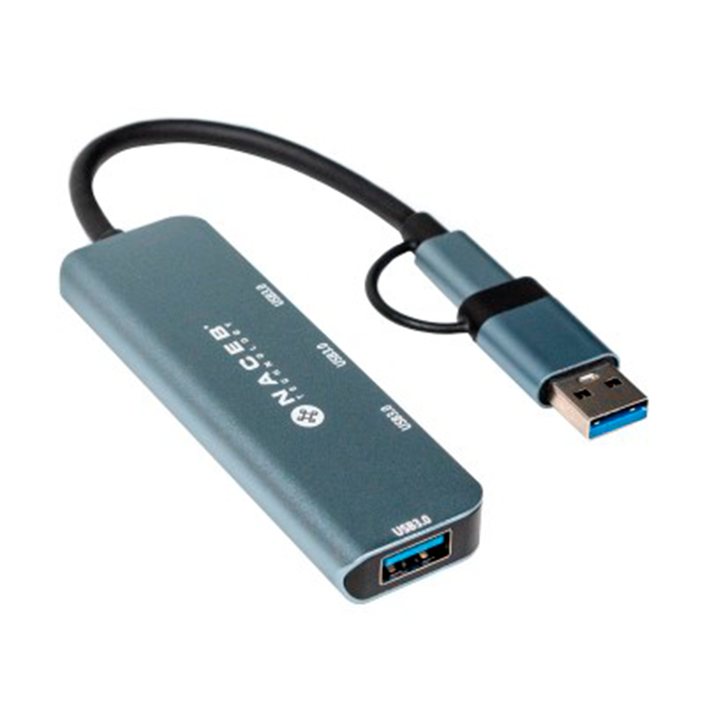 Adaptador HUB Naceb USB a A USB a A 3.0 USB-C 5GB color Plata
