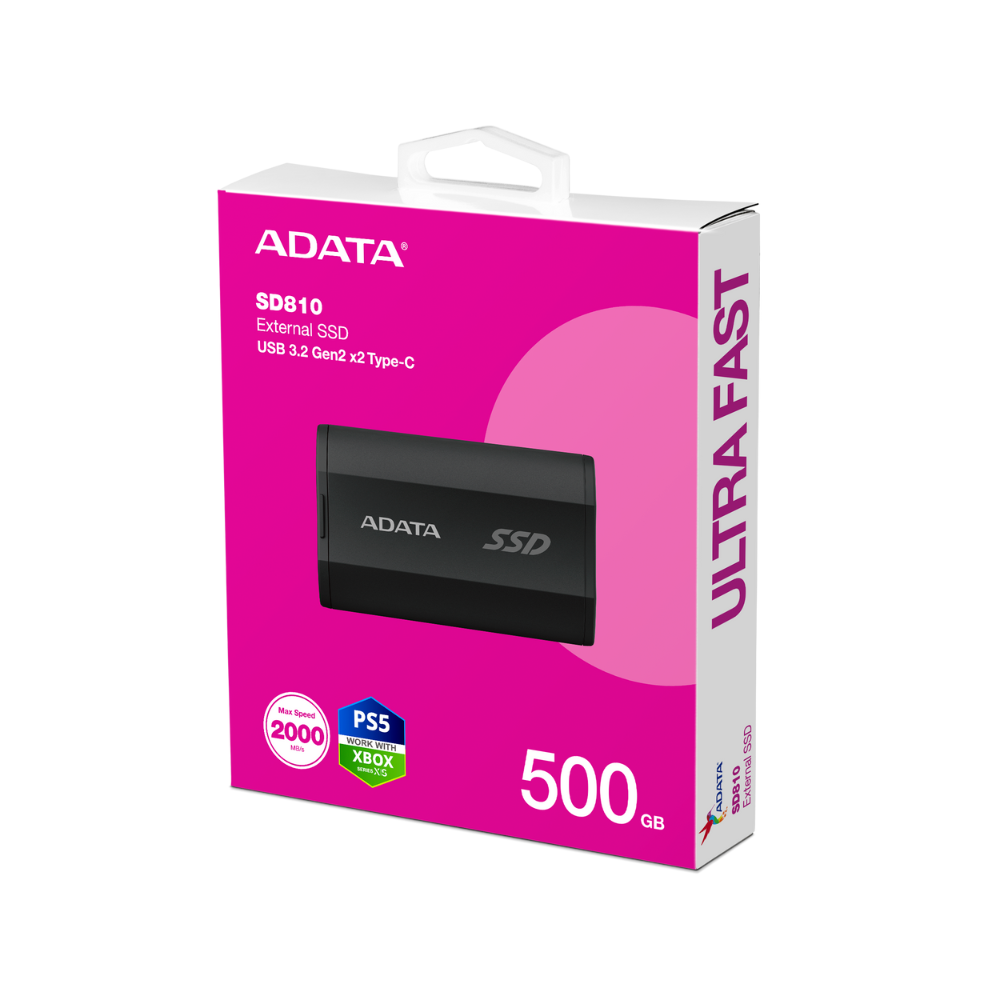 Unidad de Estado Sólido Externo Adata SD810 de 500GB, USB C 3.2, Negro.