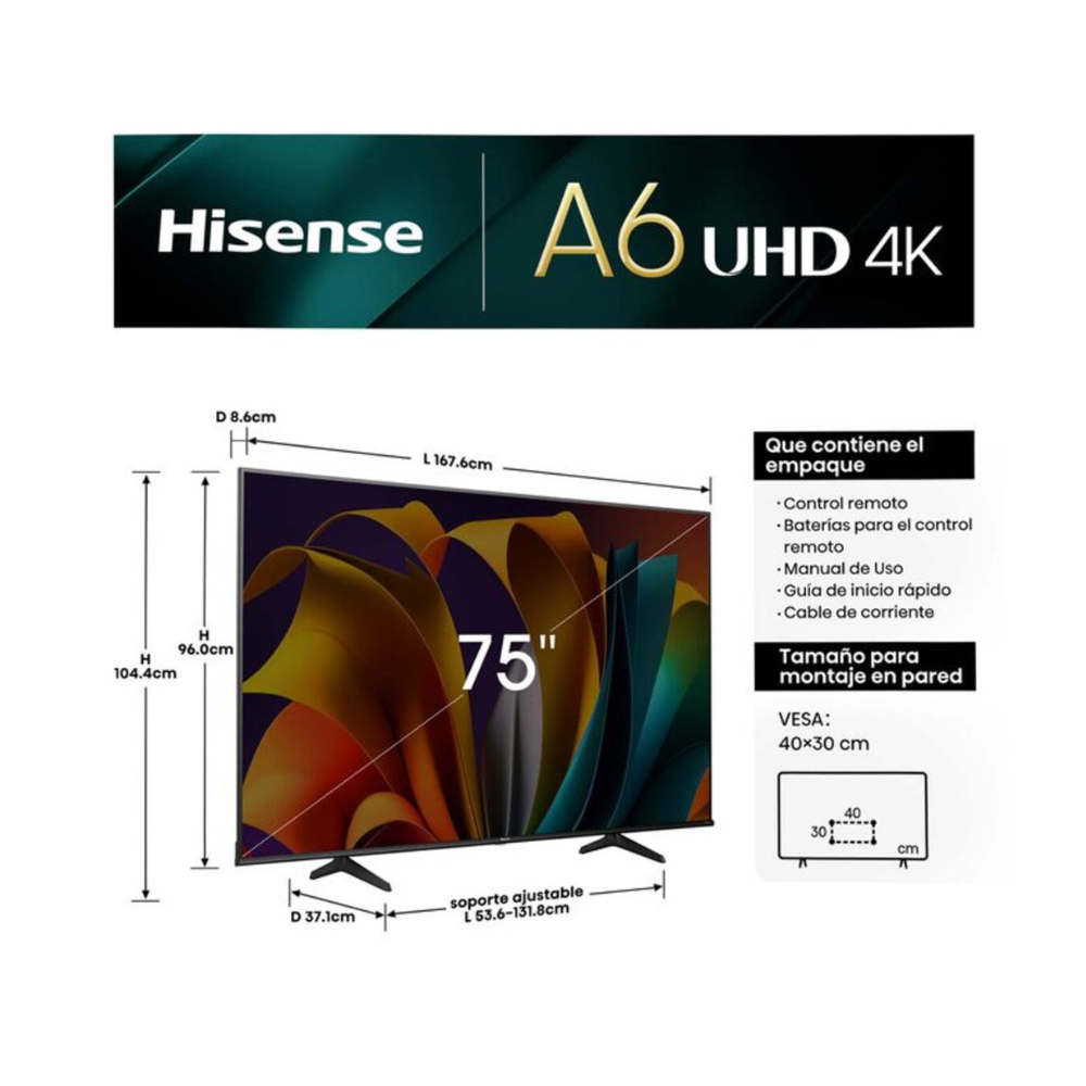 Televisión LED Hisense 75" 75A6NV Smart TV, Vidaa TV, UHD 4K, Dolby Vision HDR+HDR10, DTS Virtual X