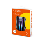 Disco duro externo Adata 2TB, 2.5", USB 3.2, negro, con RGB, textura de plastico y silicona antigolpes.