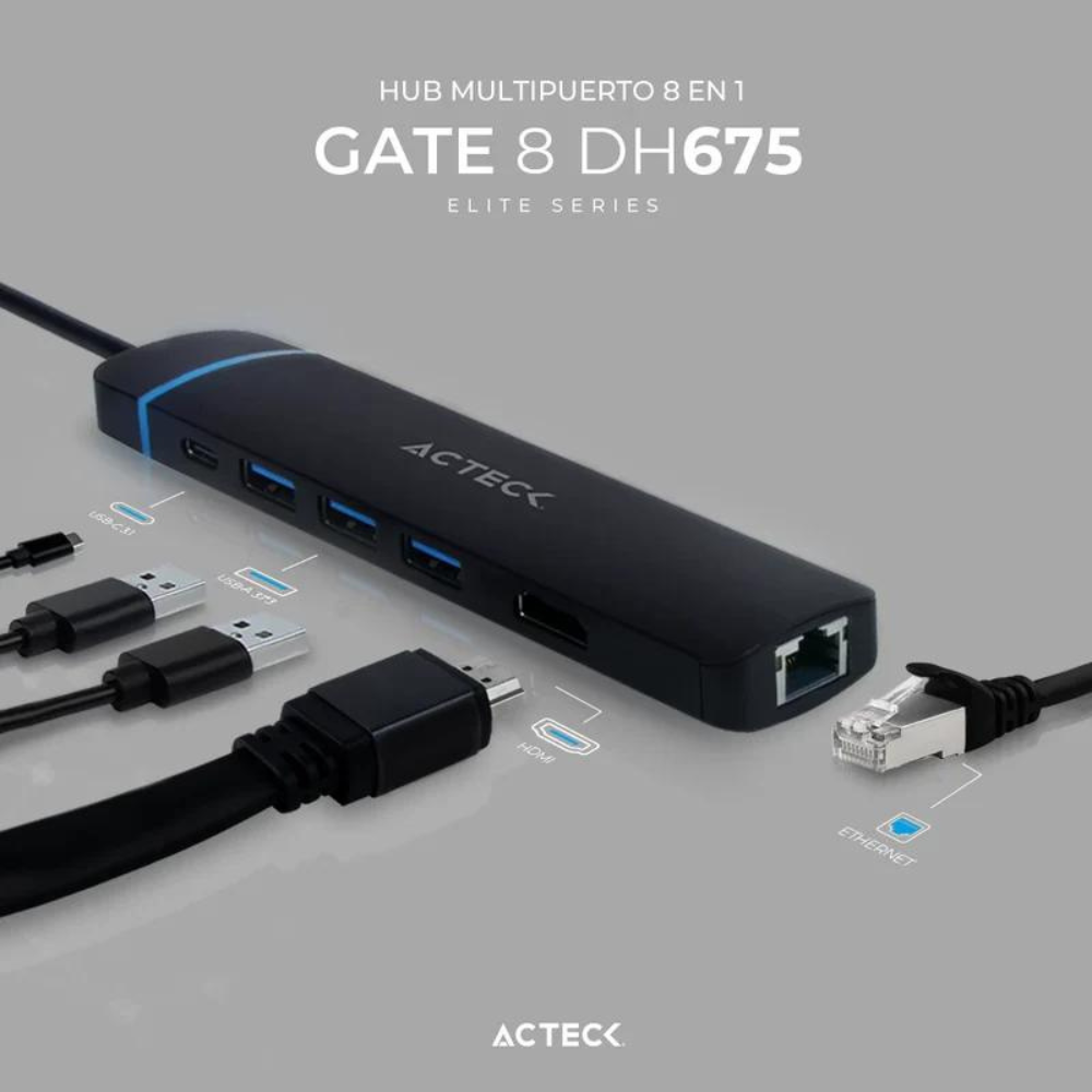 Hub Acteck USB-C 8 en 1 4K HDMI + Ethernet + 3 USB-A 3.0 + SD/TF + USB-C (AC-934626)