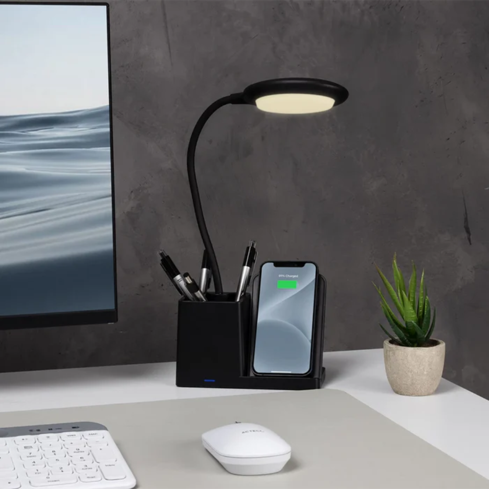 Cargador Inalambrico Acteck Energon Lumimate CI722, Lampara LED con Carga Inalambrica y Portalapices para Smartphones/iPhone, Negro