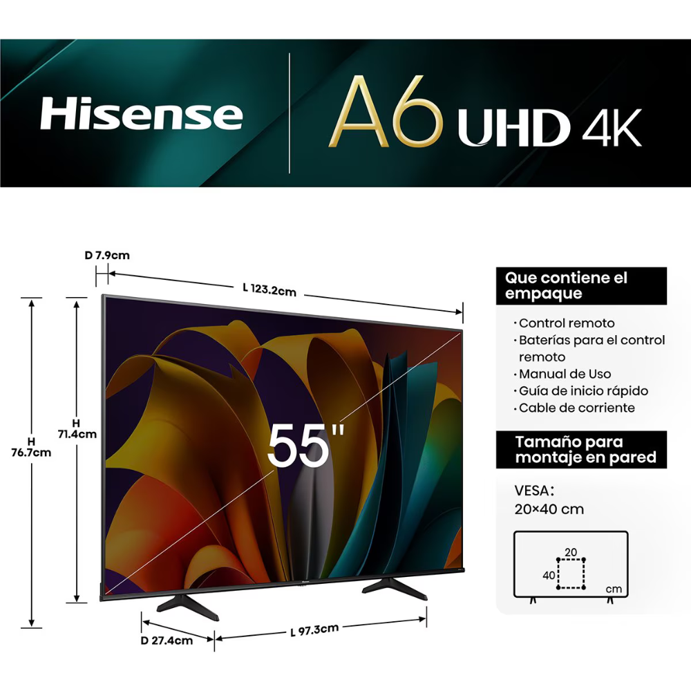 Televisión LED Hisense 55" 55A6N Android Google TV UHD 4K HDR10 Dolby Vision control de voz asistente de Google