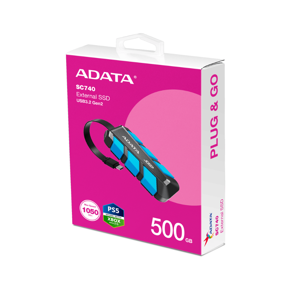 Unidad de Estado Solido Externo Adata SC740 de 500GB, USB C 3.2, de uso rudo, Azul con Negro.